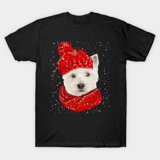 West Highland White Terrier Wearing Red Hat Christmas T-Shirt